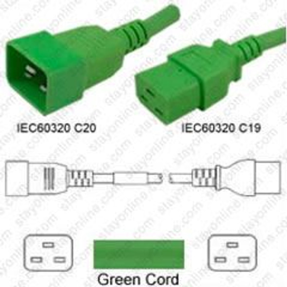 IEC320 C20 Male Plug to C19 Connector 1.8 meters / 6 feet 20A/250V 12/3 SJT Green - Power Cord