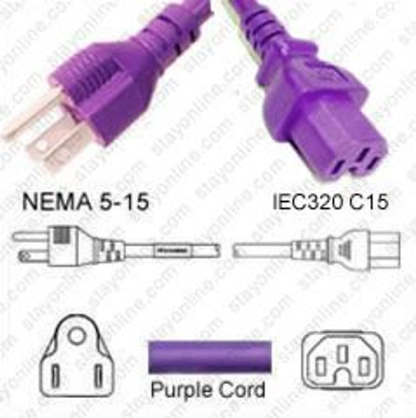 AC Custom Cord NEMA 5-15 Plug to IEC 60320 C15 Connector 3 Feet 15A/125V 14/3 SJT - Purple