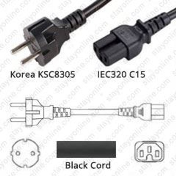 Korea KSC8305 Male Plug to IEC320 C15 Connector 2.5 meters / 8 feet 10A/250V H05RR-F3G1.0 Black - Country Power Cord