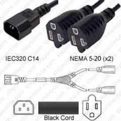 IEC320 C14 Male Plug to 2 way NEMA 5-20 Connectors 1.8 meters / 6 feet 15A/125V 14/3 SJT 12 inch legs Black - Splitter Power Cord