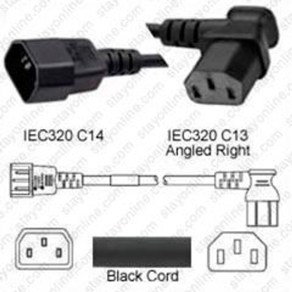 IEC320 C14 Male Plug to C13 Connector Angled Right 0.9 meters / 3 feet 10A/250V 18/3 SJT Black - Power Cord