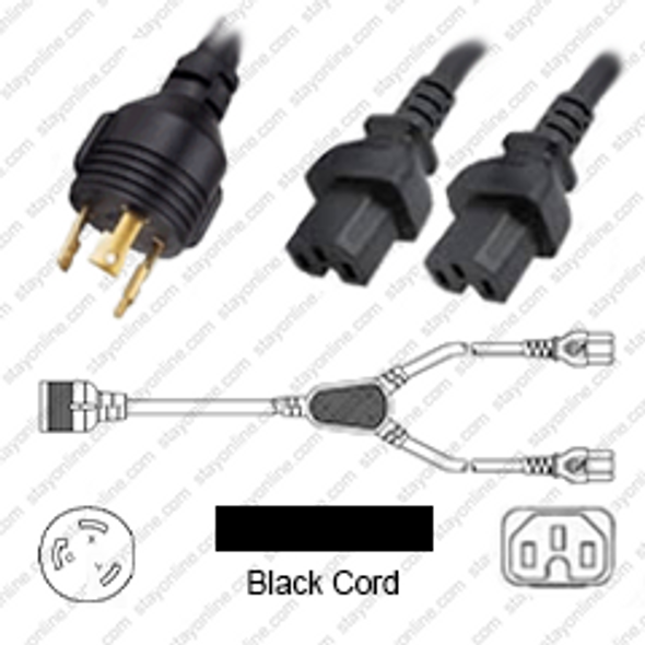 NEMA L6-30 Male Plug to 2 way IEC320 C15 Connectors 3.4 meters / 11 feet 15A/250V 12/3 & 14/3 SJT 24 inch legs Black - Splitter Power Cord