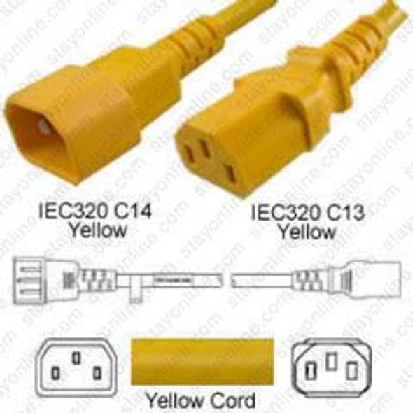 IEC320 C14 Male Plug to C13 Connector 2.7 meters / 9 feet 10A/250V 18/3 SJT Yellow - Power Cord