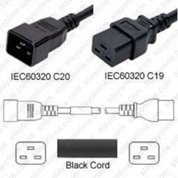 IEC320 C20 Male Plug to C19 Connector 4.5 meters / 15 feet 20A/250V 12/3 SJT Black - Power Cord