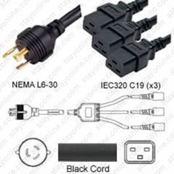 NEMA L6-30 Male Plug to 3 way IEC320 C19 Connectors 1.8 meters / 6 feet 20A/250V 10/3 & 12/3 SJT 24 inch legs Black - Splitter Power Cord