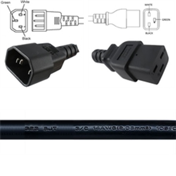 Custom Molded Power Cord - C14 BLACK Plug to C19 BLACK Connector 14AWG / SJT - 250 Volts - 15 Amps - BLACK Jacket 33 feet