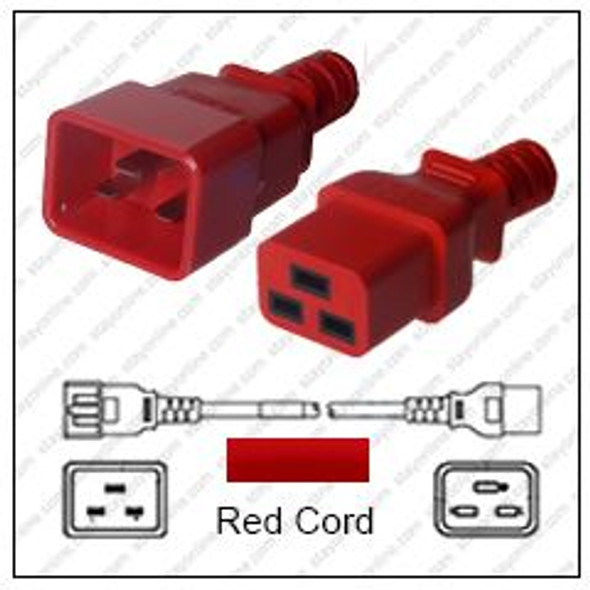 IEC320 C20 Male Plug to C19 Connector 1.8 meters / 6 feet 20A/250V 12/3 SJT Red - Power Cord