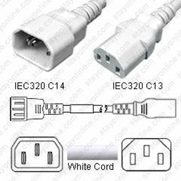 IEC320 C14 Male Plug to C13 Connector 0.9 meters / 3 feet 10A/250V 18/3 SJT White - Power Cord