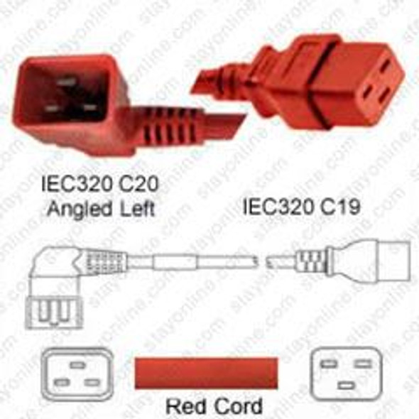 IEC320 C20 Male Plug Angled Left to C19 Connector 1.8 meters / 6 feet 20A/250V 12/3 SJT Red - Power Cord