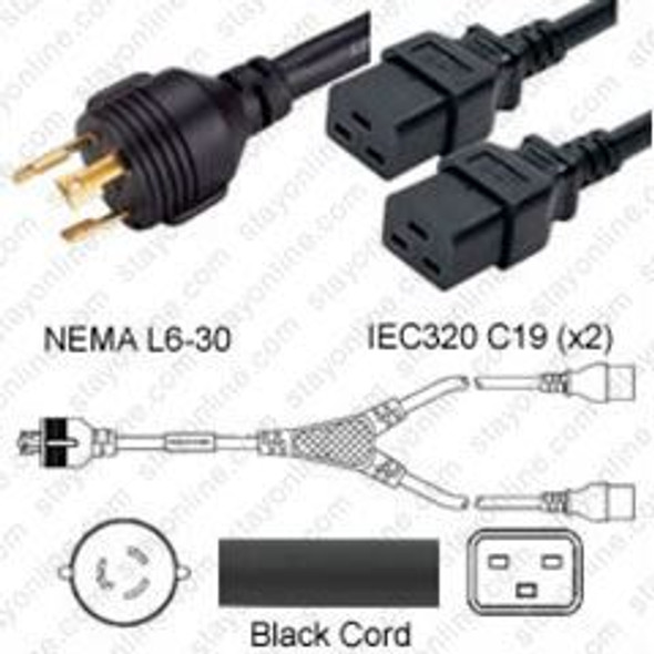 NEMA L6-30 Male Plug to 2 way IEC320 C19 Connectors 3.0 meters / 10 feet 20A/250V 10/3 & 12/3 SJT 24 inch legs Black - Splitter Power Cord