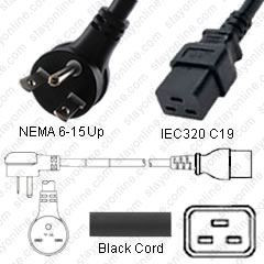 NEMA 6-15 Male Plug Angled Up to IEC320 C19 Connector 4.5 meters / 15 feet 15A/250V 14/3 SJT Black - Power Cord