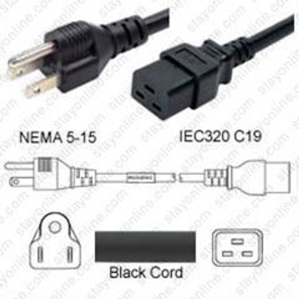 NEMA 5-15 Male Plug to IEC320 C19 Connector 0.9 meters / 3 feet 15A/125V 14/3 SJT Black - Power Cord