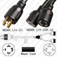 NEMA L14-30 Male Plug to 2 way L14-30 Connectors 2.7 meters / 9 feet 30A/250V 10/4 SOOW 24 inch legs Black - Splitter Power Cord