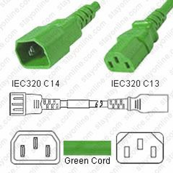 IEC320 C14 Male Plug to C13 Connector 0.3 meters / 1 foot 15A/250V 14/3 SJT Green - Power Cord