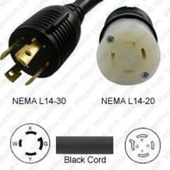 NEMA L14-30 Male Plug to L14-20 Connector 0.3 meters / 1 foot 20A/250V 10/4 SOOW Black - Pigtail Plug Adapter