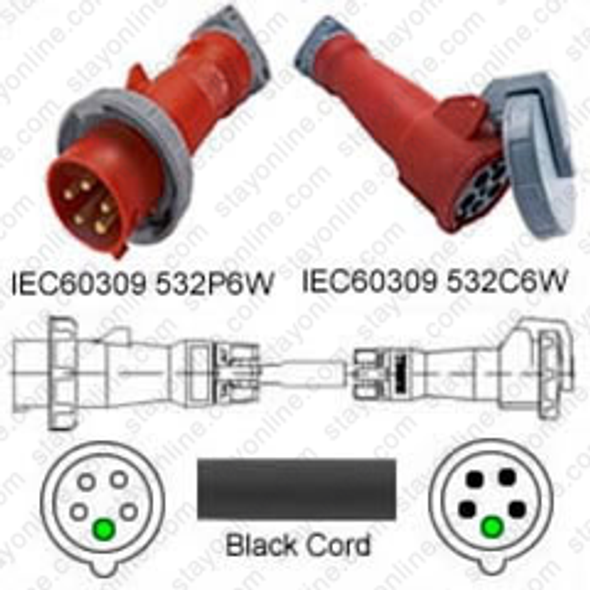 IEC60309 532P6W Male Plug to 532C6W Connector 3.0 meters / 10 feet 32A/415V 8/5 SOOW Black - Power Extension Cord