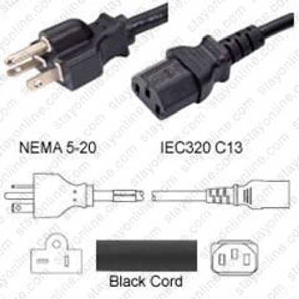 NEMA 5-20 Male Plug to IEC320 C13 Connector 1.8 meters / 6 feet 15A/125V 14/3 SJT Black - Power Cord