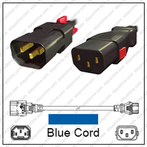 IEC320 C14 Male Plug to C13 Connector Z-LOCK 1.2 meters / 4 feet 10A/250V H05VV-F3G1.0 & 17/3 SJT Blue - Locking Power Cord