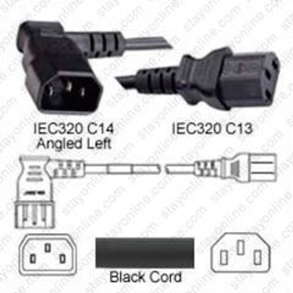 IEC320 C14 Male Plug Angled Left to C13 Connector 0.9 meters / 3 feet 10A/250V 18/3 SJT Black - Power Cord