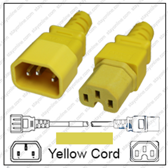 IEC320 C14 Male Plug to C15 Connector 2.5 meters / 8 feet 15A/250V 14/3 SJT Yellow - Power Cord