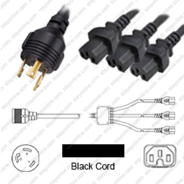 NEMA L6-30 Male Plug to 3 way IEC320 C15 Connectors 4.3 meters / 14 feet 15A/250V 12/3 & 14/3 SJT 24 inch legs Black - Splitter Power Cord