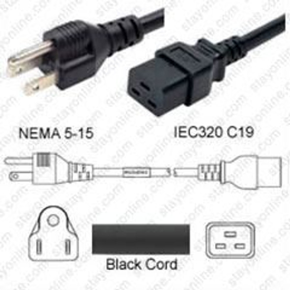 NEMA 5-15 Male Plug to IEC320 C19 Connector 2.5 meters / 8 feet 15A/125V 14/3 SJT Black - Power Cord