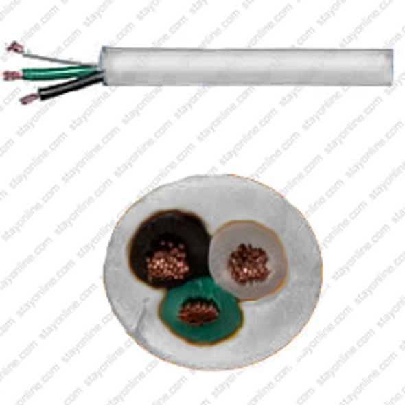 Bulk Cable StayOnline White Jacketed SJT Cord 14 AWG x 3 Conductor Color Code Green, White, Black cUL FT2 105* 300 Volt PVC Filler, 1 Foot Length