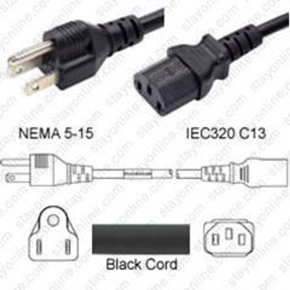 NEMA 5-15 Male Plug to IEC320 C13 Connector 0.3 meters / 1 foot 15A/125V 14/3 SJT Black - Power Cord