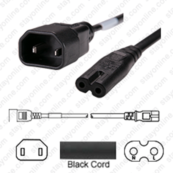 IEC320 C18 Male Plug to C7 Connector 0.9 meters / 3 foot 7A/125V 18/2 NISPT-1 Black - Power Cord