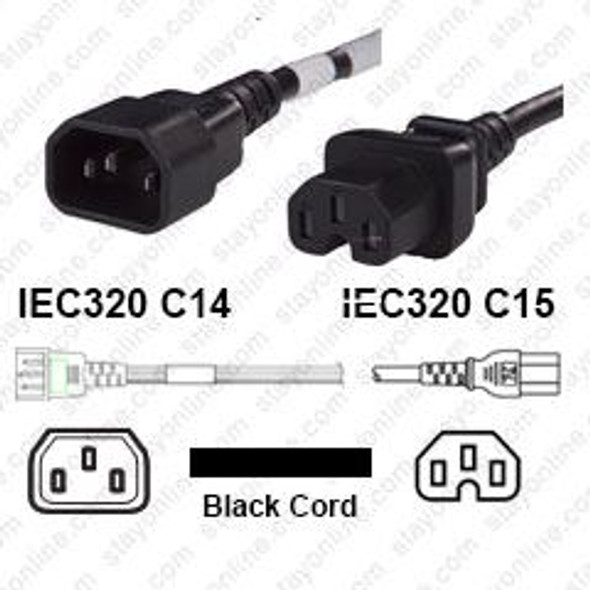 IEC320 C14 Male Plug to C15 Connector 0.8 meters / 2.5 feet 15A/250V 14/3 SJT Black - Power Cord