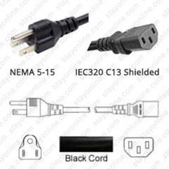 NEMA 5-15 Male Plug to IEC320 C13 Connector Shielded 0.9 meters / 3 feet 10A/125V 18/3 SJT Black - Power Cord