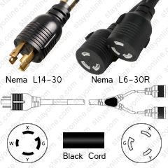 NEMA L14-30 Male Plug to 2 way L6-30 Connectors 3.0 meters / 10 feet 30A/250V 10/3 SOOW 24 inch legs Black - Splitter Power Cord