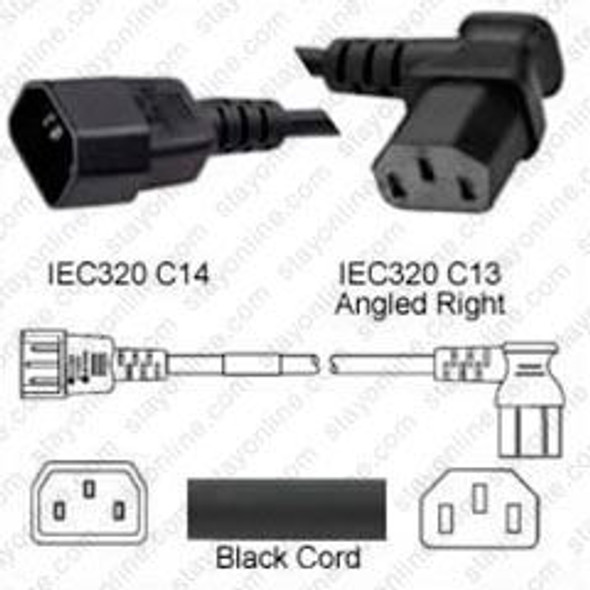 IEC320 C14 Male Plug to C13 Connector Angled Right 0.3 meters / 1 foot 10A/250V 18/3 SJT Black - Power Cord