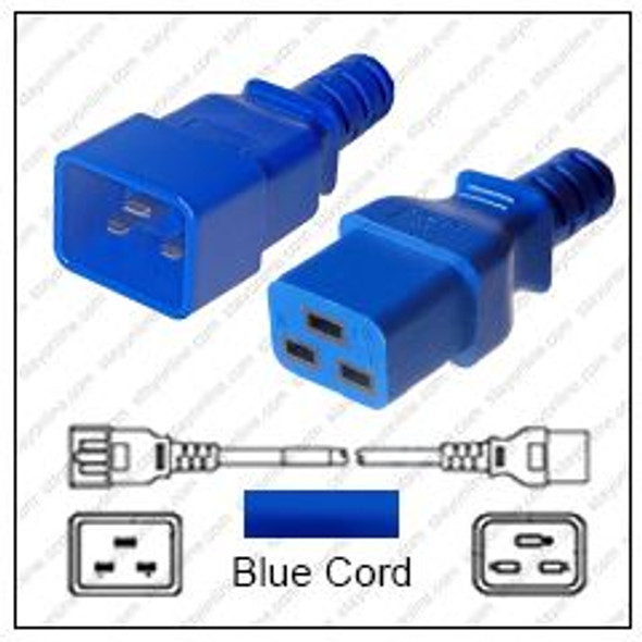 IEC320 C20 Male Plug to C19 Connector 1.5m / 5 Feet 16a/250v H05VV-F3G1.5 Blue - Power Cord