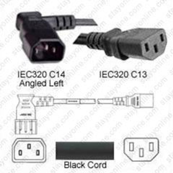 IEC320 C14 Male Plug Angled Left to C13 Connector 1.5 meters / 5 feet 10A/250V 18/3 SJT Black - Power Cord