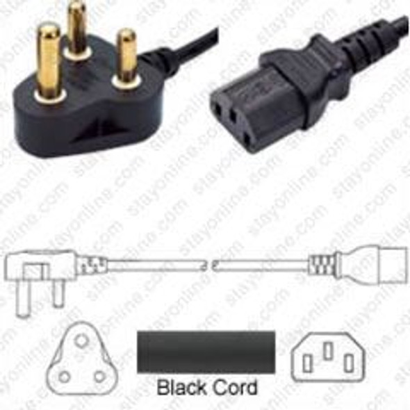 India IA16A3 Large Male Plug Angled Down to IEC320 C13 Connector 1.8 meters / 6 feet 10A/250V H05VV-F3G.75 Black - Country Power Cord Hanked