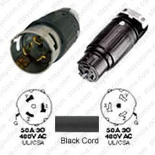 California Style CS8165C Male Plug to CS8164C Connector 7.6 meters / 25 feet 50A/480V 4/4 SOOW Black - Power Extension Cord