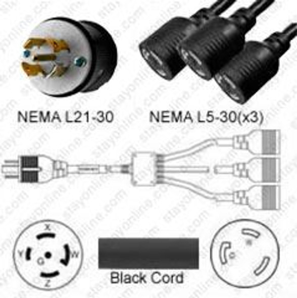 NEMA L21-30 Male Plug to 3 way L5-30 Connectors 2.5 meters / 8 feet 30A/120V 8/5 STO & 10/3 SJT 24 inch legs Black - Splitter Power Cord