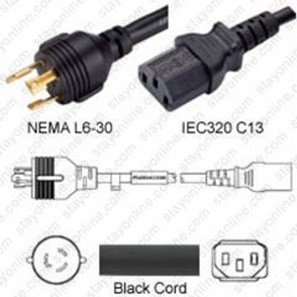 NEMA L6-30 Male Plug to IEC320 C13 Connector 0.9 meters / 3 feet 15A/250V 14/3 SJT Black - Power Cord