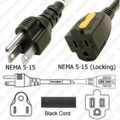 NEMA 5-15 Male Plug to 5-15 Connector Locking 3.7 meters / 12 feet 15A/125V 14/3 SJT Black - Power Extension Cord