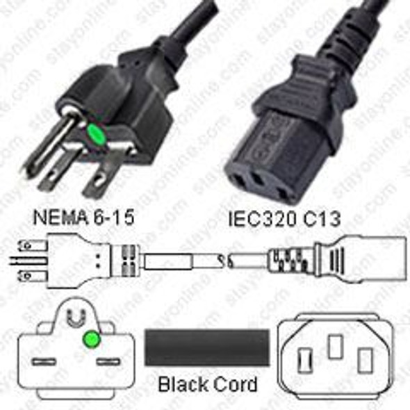 NEMA 6-15 Male Plug to IEC320 C13 Connector 1.8 meters / 6 feet 15A/250V 14/3 SJT Black - Hospital Grade Power Cord
