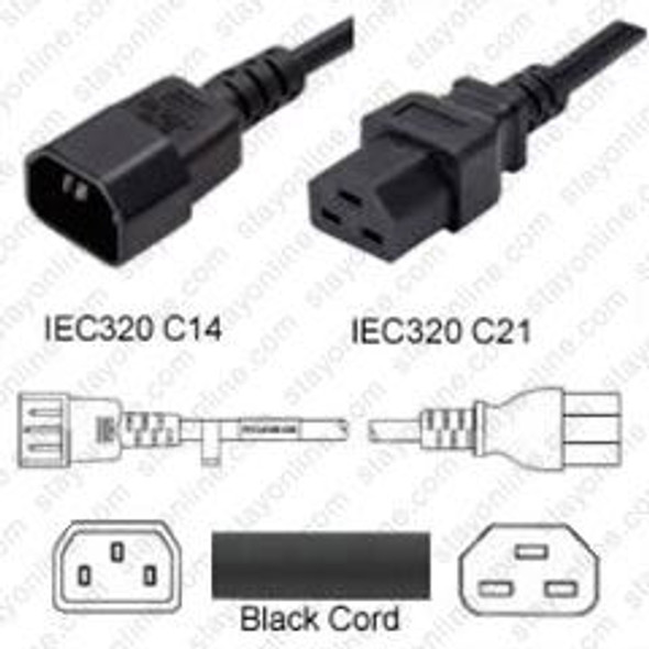 IEC320 C14 Male Plug to C21 Connector 1.8 meters / 6 feet 15A/250V 14/3 SJT Black - Power Cord