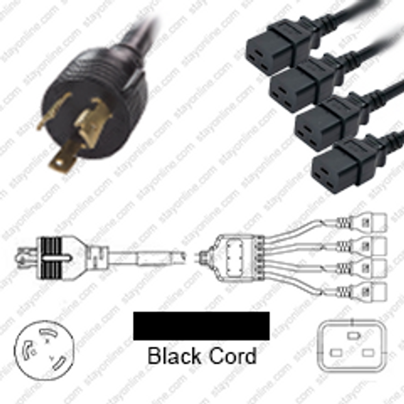 NEMA L6-30 Male Plug to 4 way IEC320 C19 Connectors 0.8 meters / 2.5 feet 20A/250V 10/3 & 12/3 SJT 24 inch legs Black - Splitter Power Cord