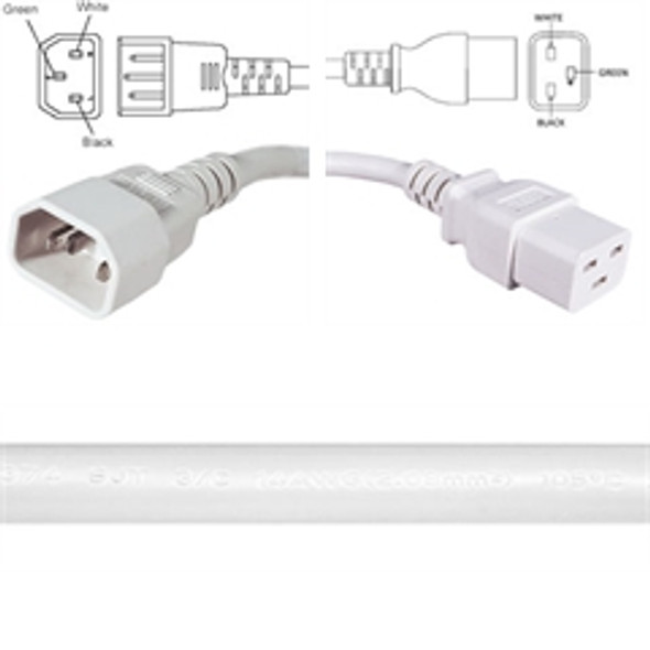 Custom Molded Power Cord - C14 WHITE Plug to C19 WHITE Connector 14AWG / SJT - 250 Volts - 15 Amps - WHITE Jacket 3 feet