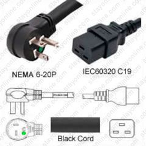NEMA 6-20 Male Plug Angled Up to IEC320 C19 Connector 1.8 meters / 6 feet 20A/250V 12/3 SJT Black - Hospital Grade Power Cord