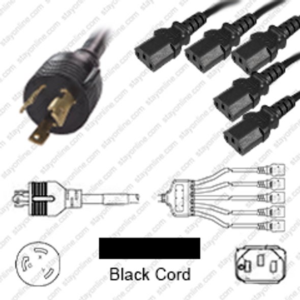 NEMA L6-30 Male Plug to 5 way IEC320 C13 Connectors 1.5 meters / 5 feet 15A/250V 12/3 & 14/3 SJT 24 inch legs Black - Splitter Power Cord