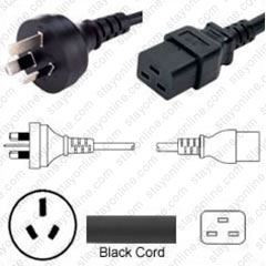 Australia AS3112 Male Plug to IEC320 C19 Connector 3.0 meters / 10 feet 15A/250V H05VV-F3G1.5 Black - Country Power Cord Hanked