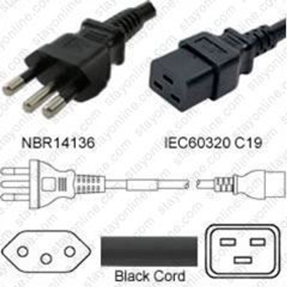Brazil NBR14136 Male Plug to IEC320 C19 Connector 3.0 meters / 10 feet 16A/250V H05VV-F3G1.5 Black - Country Power Cord