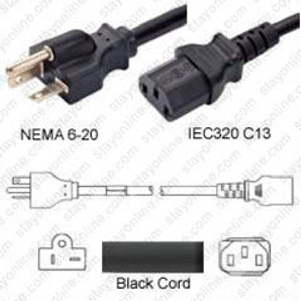 NEMA 6-20 Male Plug to IEC320 C13 Connector 1.8 meters / 6 feet 15A/250V 14/3 SJT Black - Power Cord