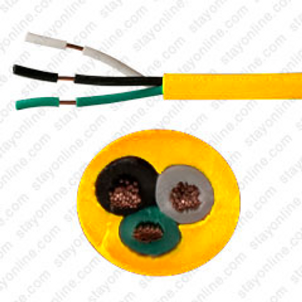 Bulk Cable StayOnline Yellow Jacketed SJT Cord 18 AWG x 3 Conductor Color Code Green, White, Black cUL FT2 105* 300 Volt PVC Filler, 1 Foot Length